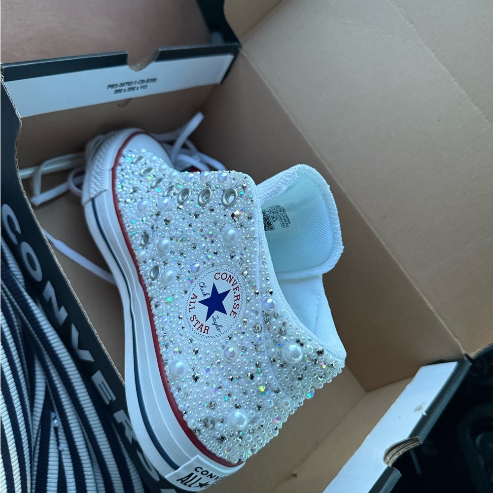 Converse White and Black Iridescent Bling Beaded Sneakers - Picture 3 of 5